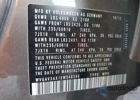 2014 Volkswagen Tiguan S from USA, damaged, VIN WVGAV3AX1EW548396